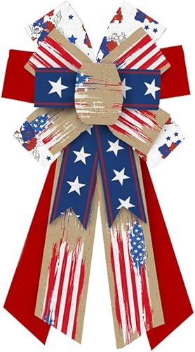 Heureppy Arcos de corona patrióticos grandes para el 4 de julio, lazos de decoración para corona, bandera estadounidense, estrellas azules, lazos de