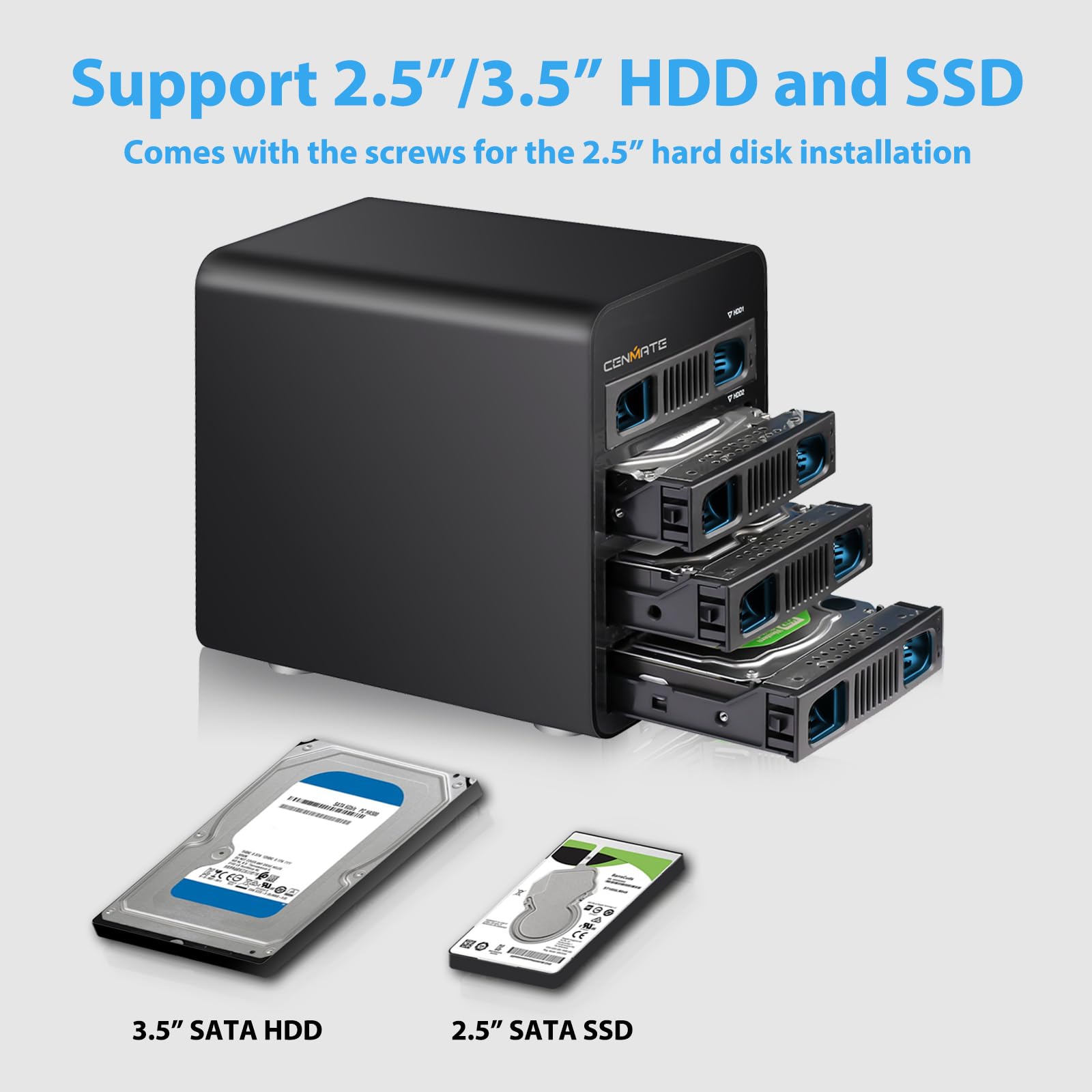 CENMATE 4 Bay Hard Drive Enclosure With Cooling Fan For 2.5/3.5" SATA