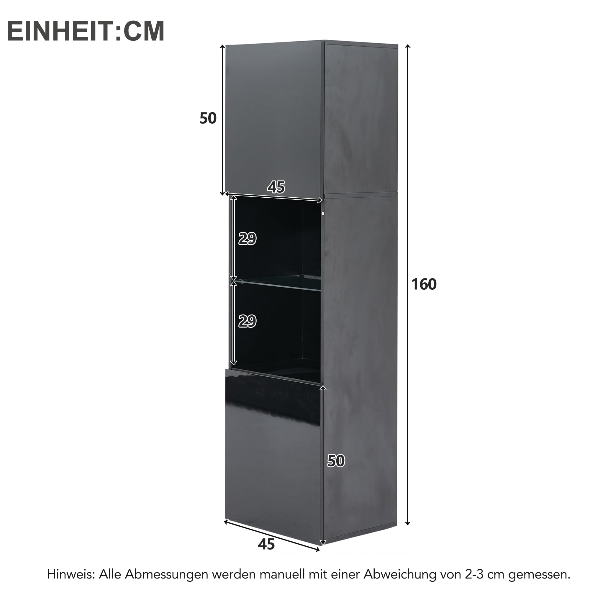 Merax Vitrinenschrank 160cm, Glasvitrine mit LED-Beleuchtung, Schwarz Hochglanz - Moderne Kommode mit viel Stauraum, Bücherschrank Hochschrank Highboard, Schrank für Wohnzimmer Küche Esszimmer Büro