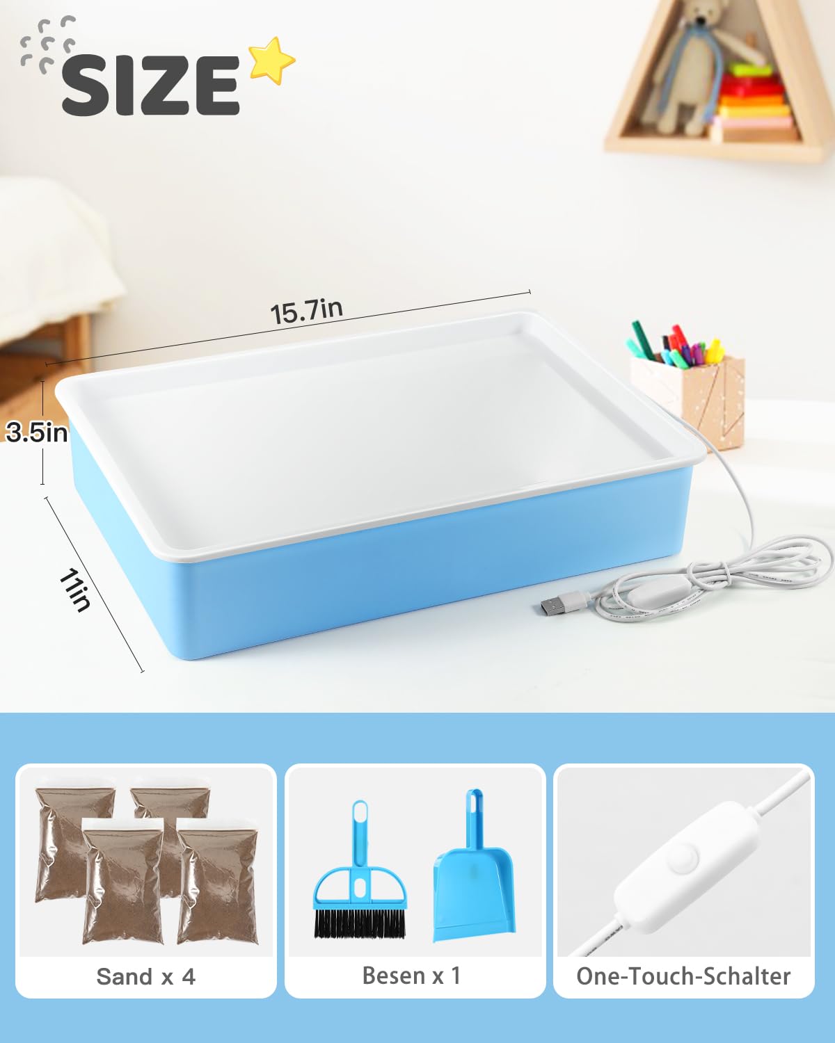AtMini Sandmalerei Lichtkasten für Kinder mit 4 Packungen NatursandSand, Sandtablett Set für Kinder Sand Sensory Spielzeug ab 3 Jahr（blau）