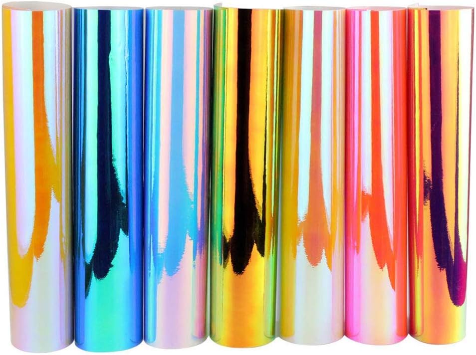 heliltd 7 Sheets Holographic Opal Craft Vinyl Craft Adhesive Rainbow Plating Lettering Sticker for Iron On Heat Press T-Shirts, Garments