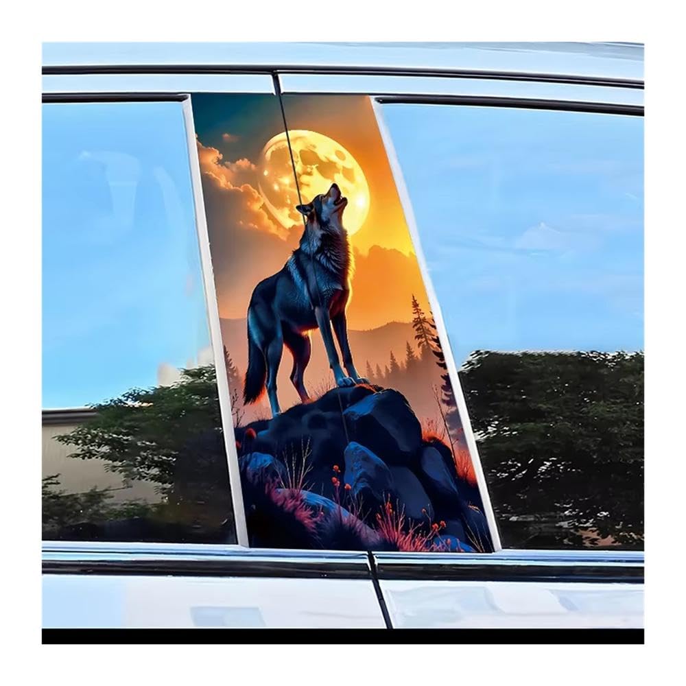 Bertdcx One Color 2 Pieces Of Car B-Pillar Stickers Wolf Howling At Moon Polyethylene Protective Film Auto Parts