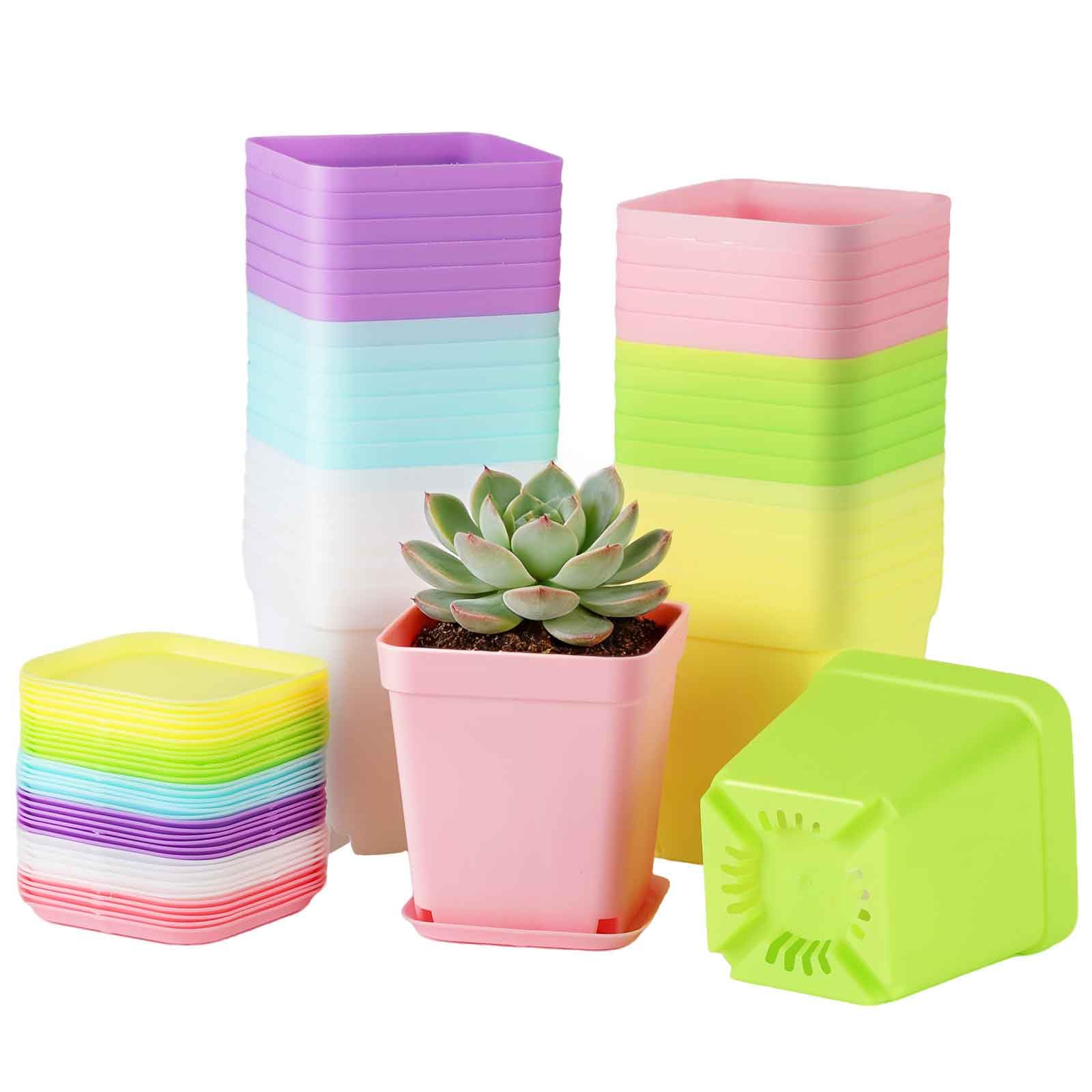PUHTUOY 36Pcs Plastic Plant Pots - 7cm Indoor Square Thick Seed Seedling Pots with Trays Small Coloured Nursery Flower Pots for Vegetables Cuttings Succulent Cacti for Garden Office and Balcony Decor