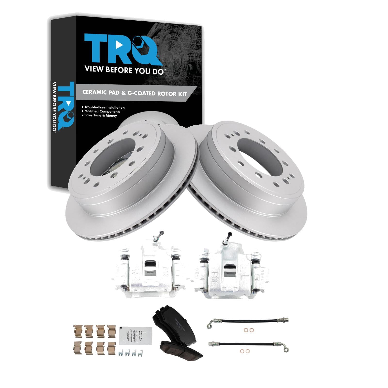 TRQ Rear Brake Pad and Rotor Set Ceramic G Coated Rotors Calipers Compatible with 2010-2014 Toyota FJ Cruiser