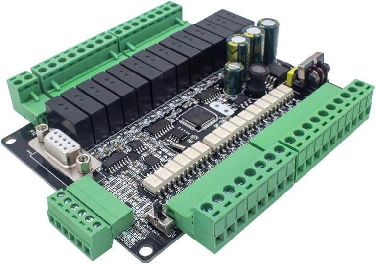 Angolato view of the Seeku FX1N-30MR PLC, showing the various green terminal blocks for connections and the DB9 serial port.