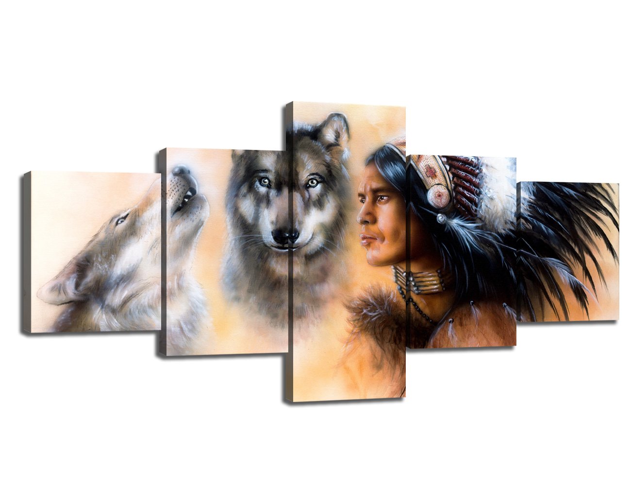 American Indian Decor 5 Piece Canvas Wall Art Indian Warrior Accompanied with Wolves Paintings Pictu