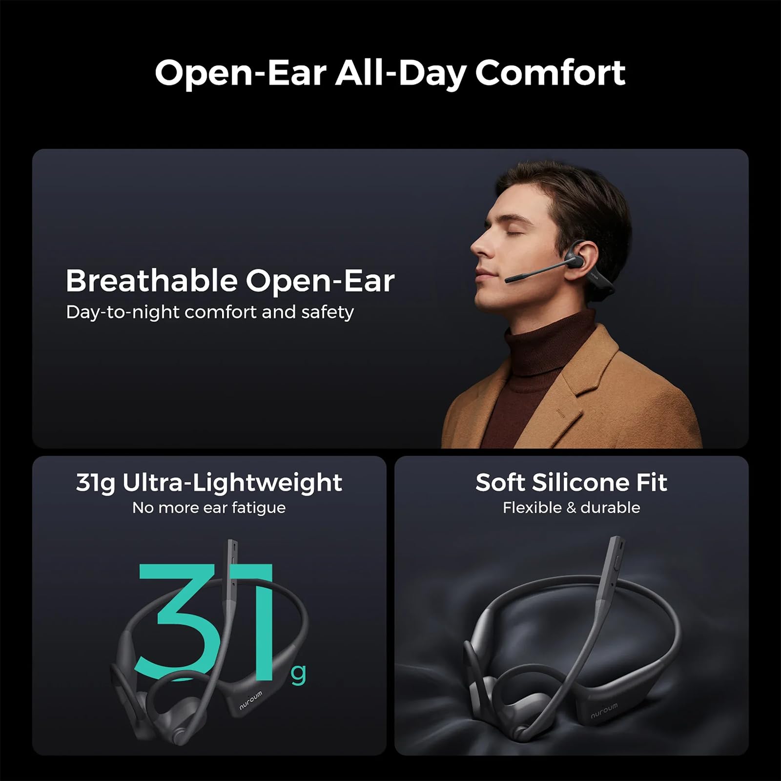Nuroum OpenEar Pro Bluetooth Kopfhörer mit Noise-Cancelling Mikrofon, Stummschaltung, Bluetooth 5.3 Dual-Verbindung, 15H Laufzeit, Kabellose Headphones für Arbeit im Büro/Home-Office/Unterwegs