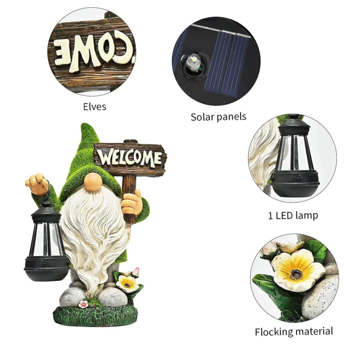Gnomo Da Giardino Con Lanterna Solare E Segnale Di Benvenuto – Statua In Resina Per Esterno, Luce Notturna
