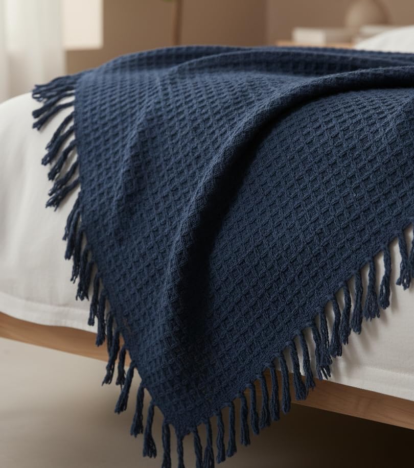 Image of 100% Cotton Waffle Weave Sofa Throw Blanket 50x60 Inches or 125x150 cms Lightweight, Soft & Breathable Couch, Bed or Chair Throw Blanket for Living or Bedroom, Navy Blue