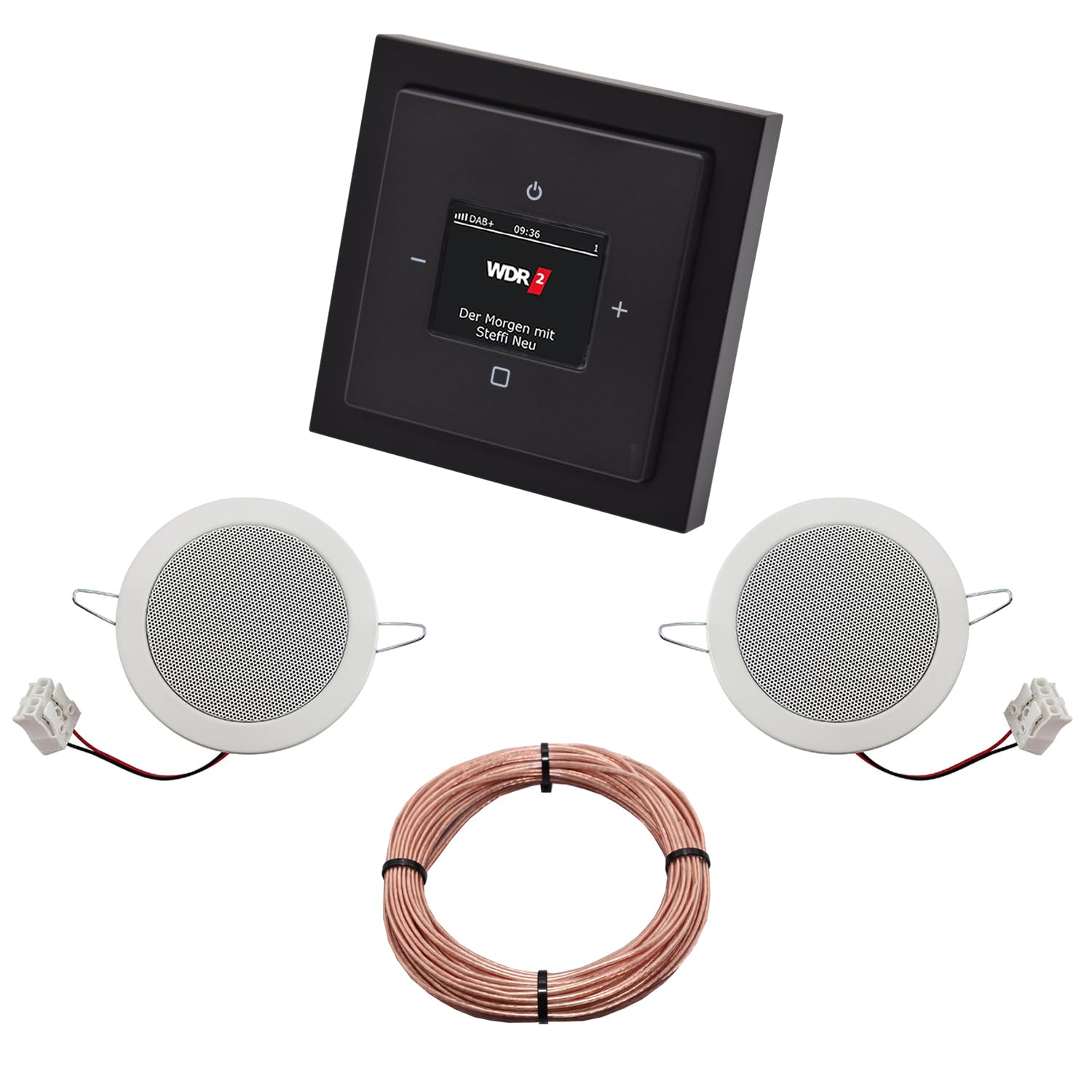 Busch Jäger DAB+ (DAB PLUS) Unterputz Radio 8215U-101 Future SCHWARZ MATT, Komplett-Set mit 2 x Deckenlautsprecher Einbaulautsprecher + 20 m Lautsprecherkabel 2x0,75 mm2 8215 U - 101