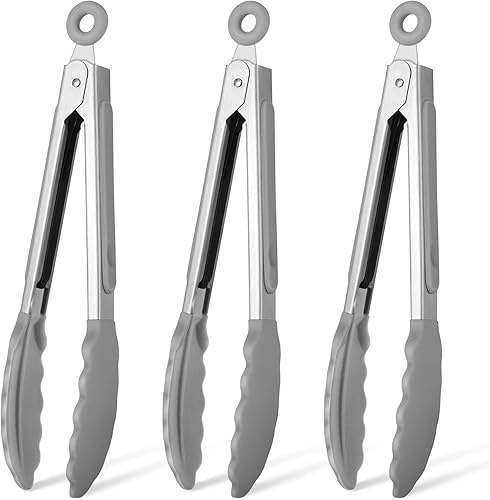 HOTEC Pinzas de acero inoxidable de alta calidad de 7 pulgadas con cierre de acero inoxidable con puntas de silicona, juego de 3 unidades, color gris