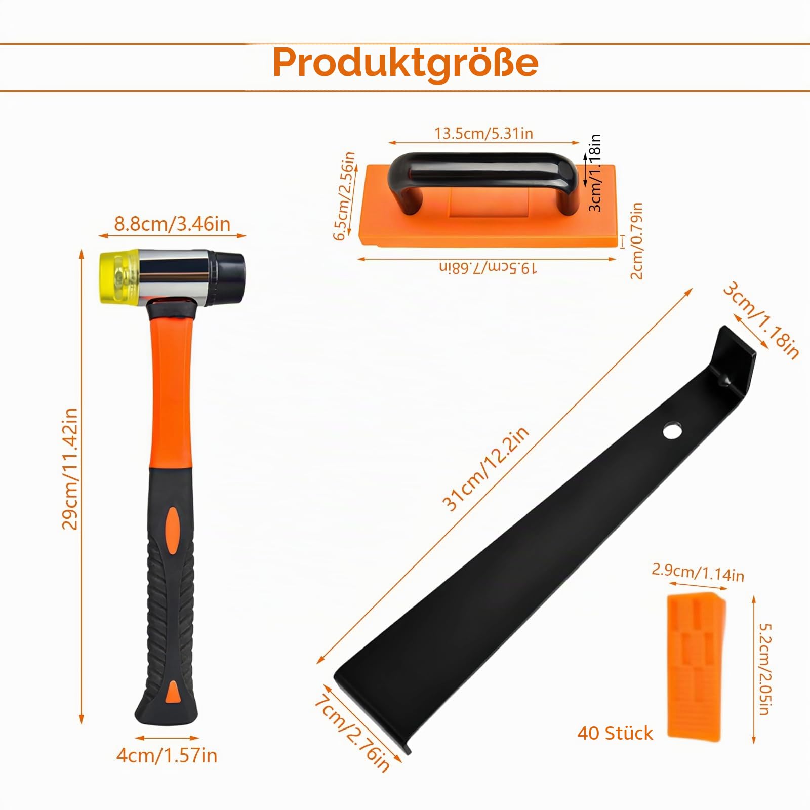Vinyl Verlegeset, 43-Stück Vinyl Laminat Verlegeset, 198 mm Parkett Verlegeset, 1 x Schlagklotz, 1 x Zugeisen, 40 x Abstandshalter, 1 x Doppelkopfhammer, für Verlegung von Laminatböden