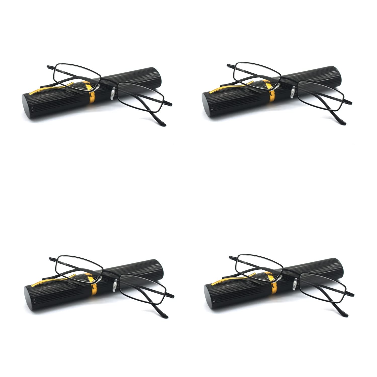 EYE ZOOM 4 Pack Compact Slim Metal Reading Glasses with Tube Case for Men Women