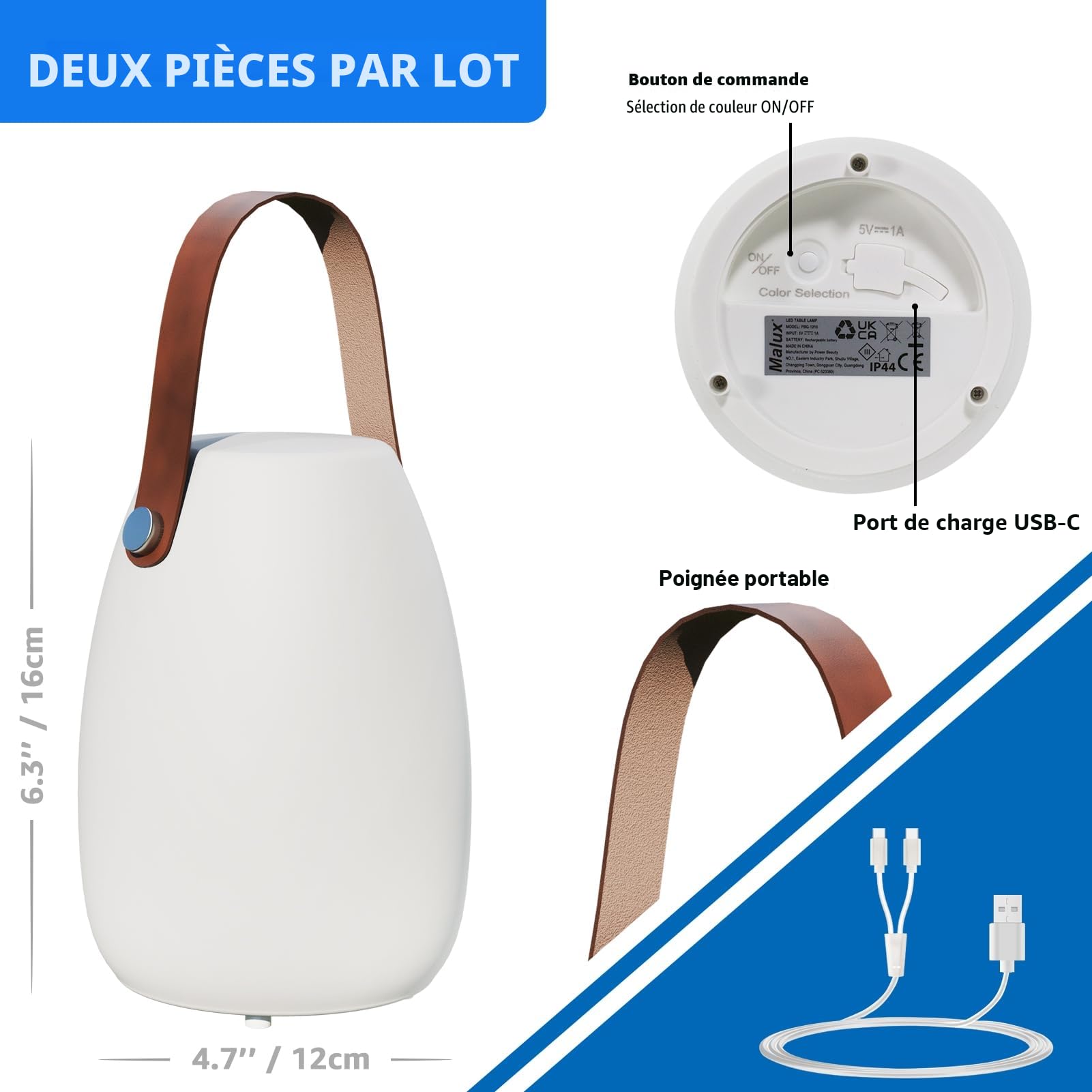 Lot de 2 lampes LED d'extérieur sans fil IP44 - Lampe de table à intensité variable avec télécommande - 8 couleurs
