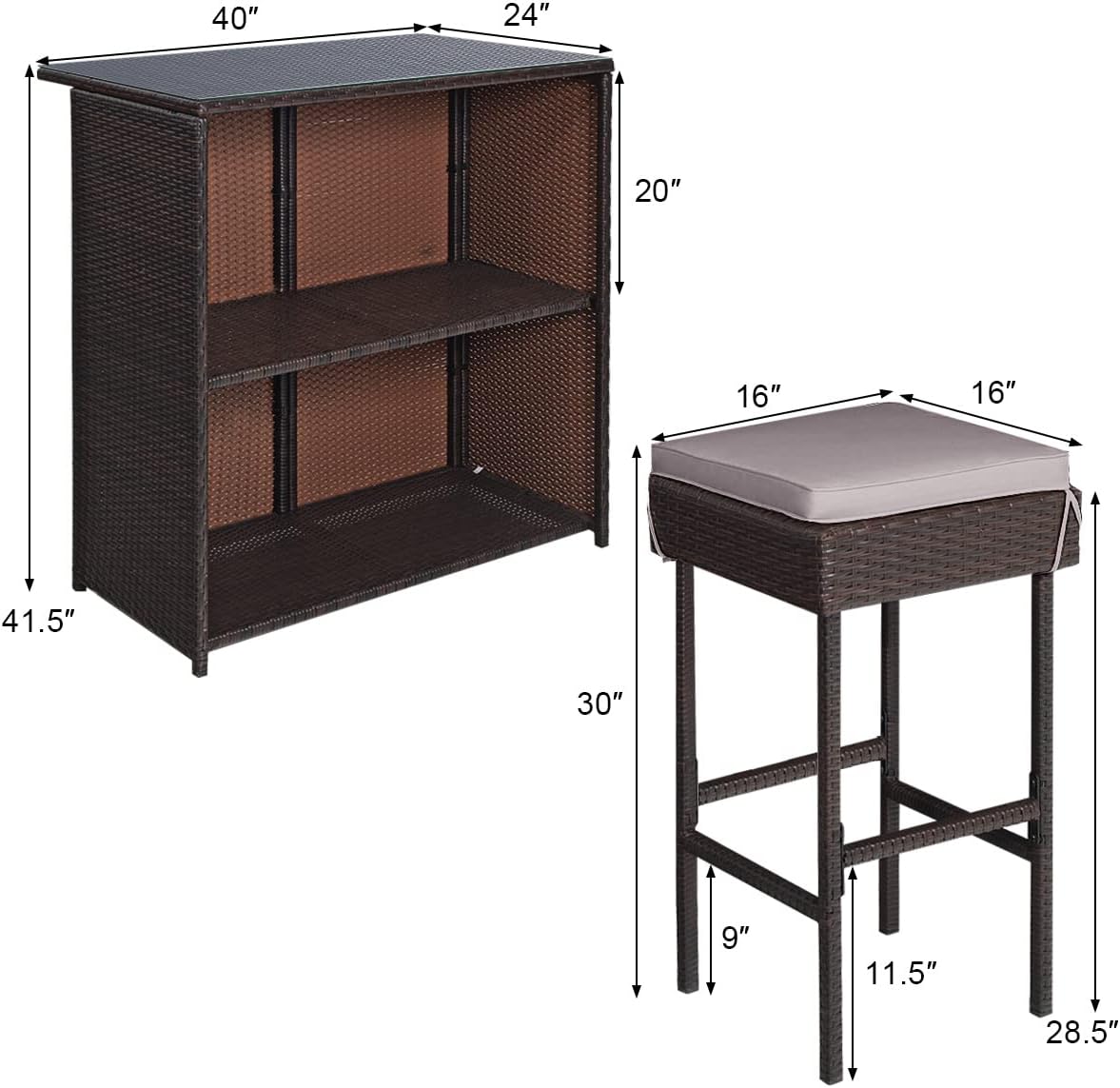 COSTWAY 3PCS Patio Wicker Bar Table Set, Outdoor Rattan Table with Tempered Glass Top and Storage Shelf, 2 Bar Stools with Cushion for Poolside Backyard Deck (Grey & White)