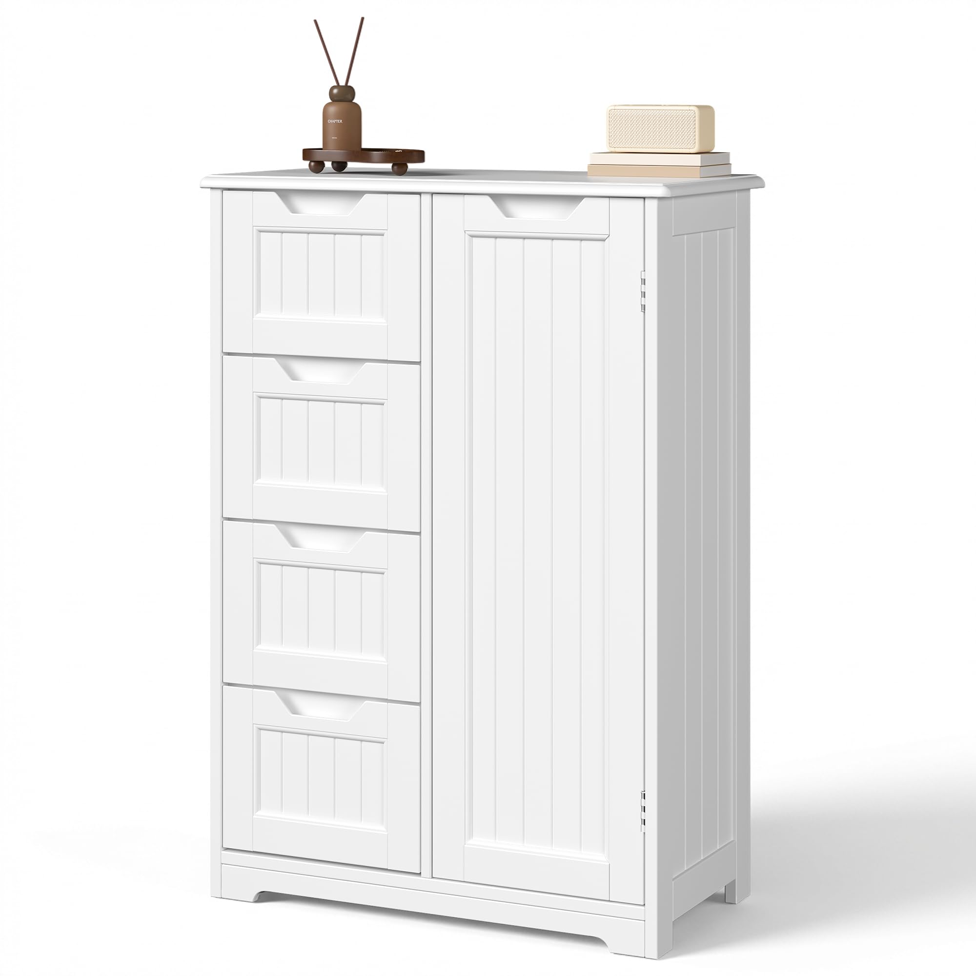 Meuble de Salle de Bain avec 4 tiroirs, Meuble autoportant, Meuble latéral avec Porte et séparateur Ajustable, pour Salle de Bain, Couloir, 30 x 60 x 85 cm (Blanc)
