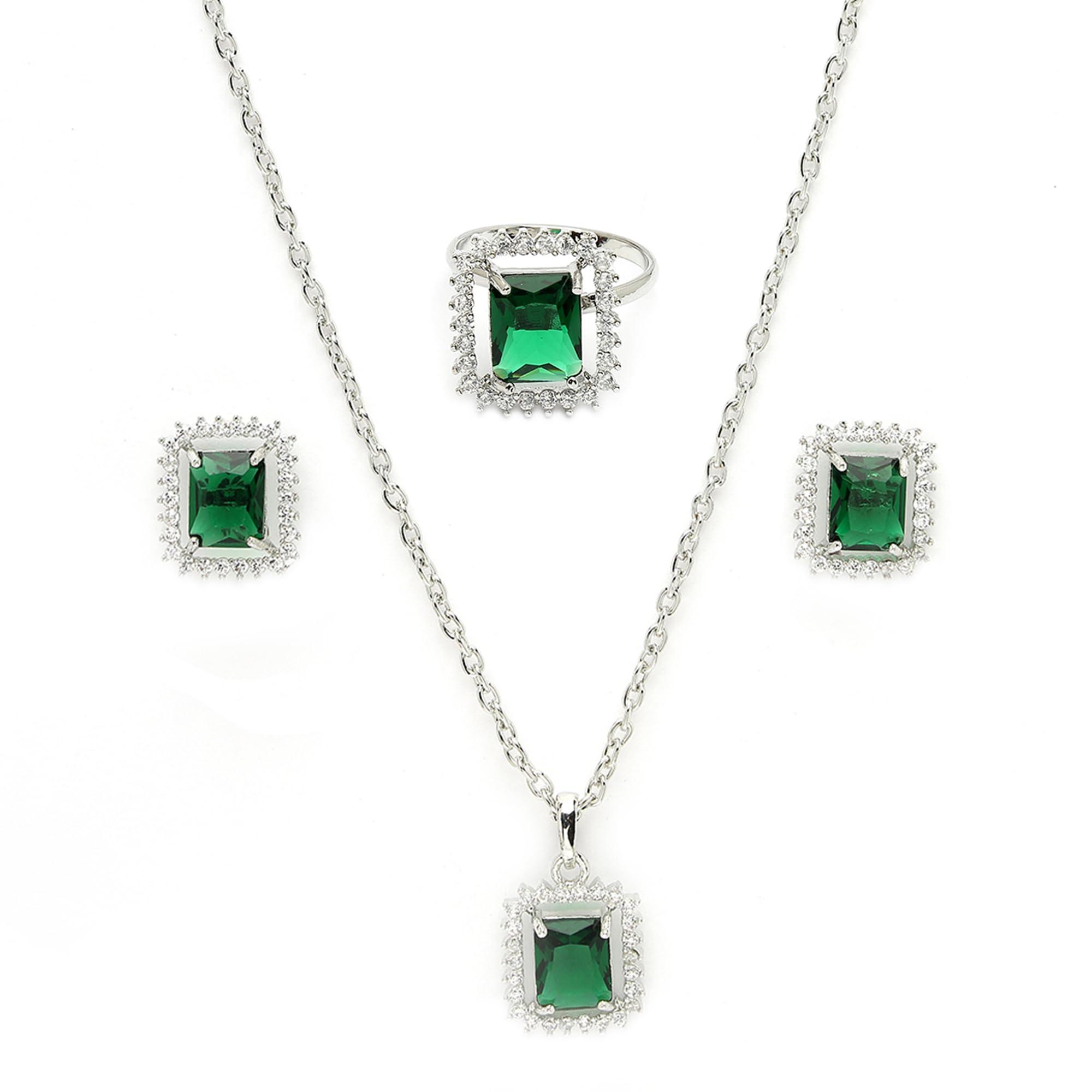 ZENEME Silver Plated Luxury American Diamond Princess Cut Halo Crystal Pendant Gift for Rakhi Jewelery |Rakshabandhan Gift with Earrings Jewellery Set For Women (Green Diamond Whisper Pendant Set) (B0D92CLHYT) Amazon Price History, Amazon Price Tracker