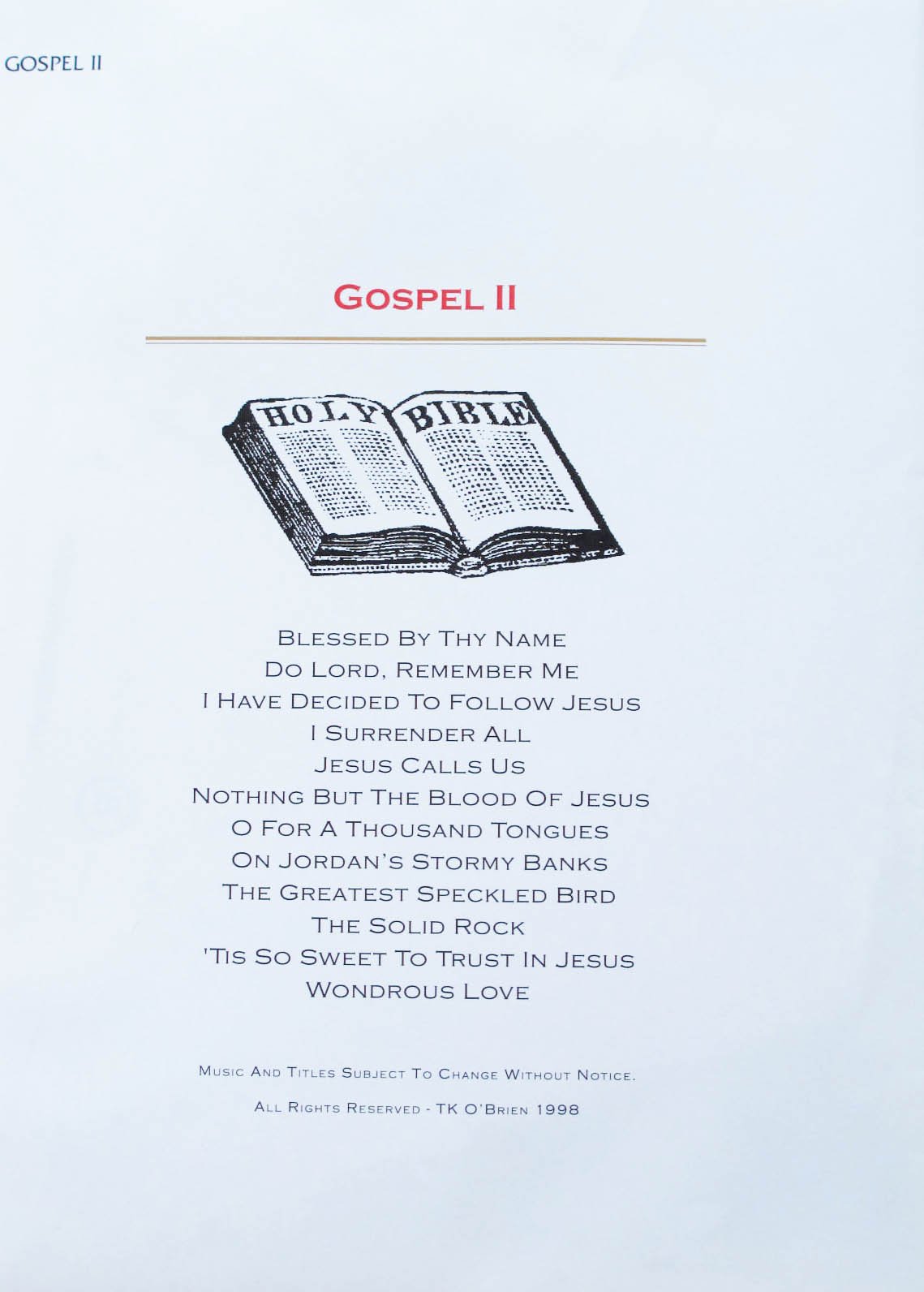 Gospel II Music Pack for TK O'Briens Lap Harp