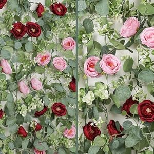 TOCHGREEN 4 Pack Artificial Eucalyptus Flower Garland with Red and Pink Roses, Fake Rose Flower Greenery Garland Floral Vines for Wedding Home Party Table Runner Decor (Red Pink, 4PCS) TOCHGREEN 4 Pack Artificial Eucalyptus Flower Garland with Red and Pink Roses Fake Rose Flower Greenery Garland Floral Vines for Wedding Home Party Table Runner Decor Red Pink 4PCS