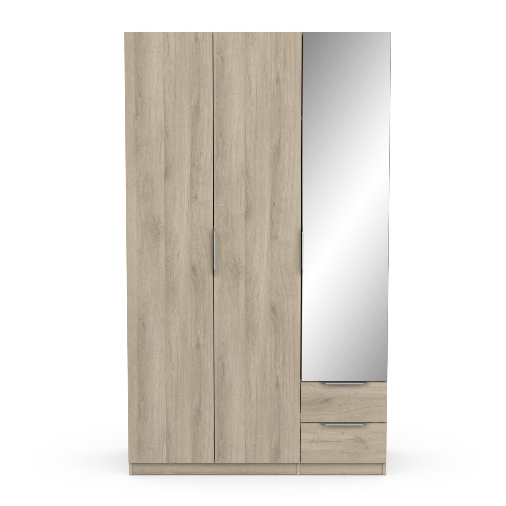 Demeyere 391391 Armadietto Guardaroba con Specchio e Armadio Moderno a 3 Ante 2 Cassetti 4 Nicchie, Colore Rovere Kronberg, 119.4 x 51.1 x 203 cm, Legno Ingegnerizzato, Grigio