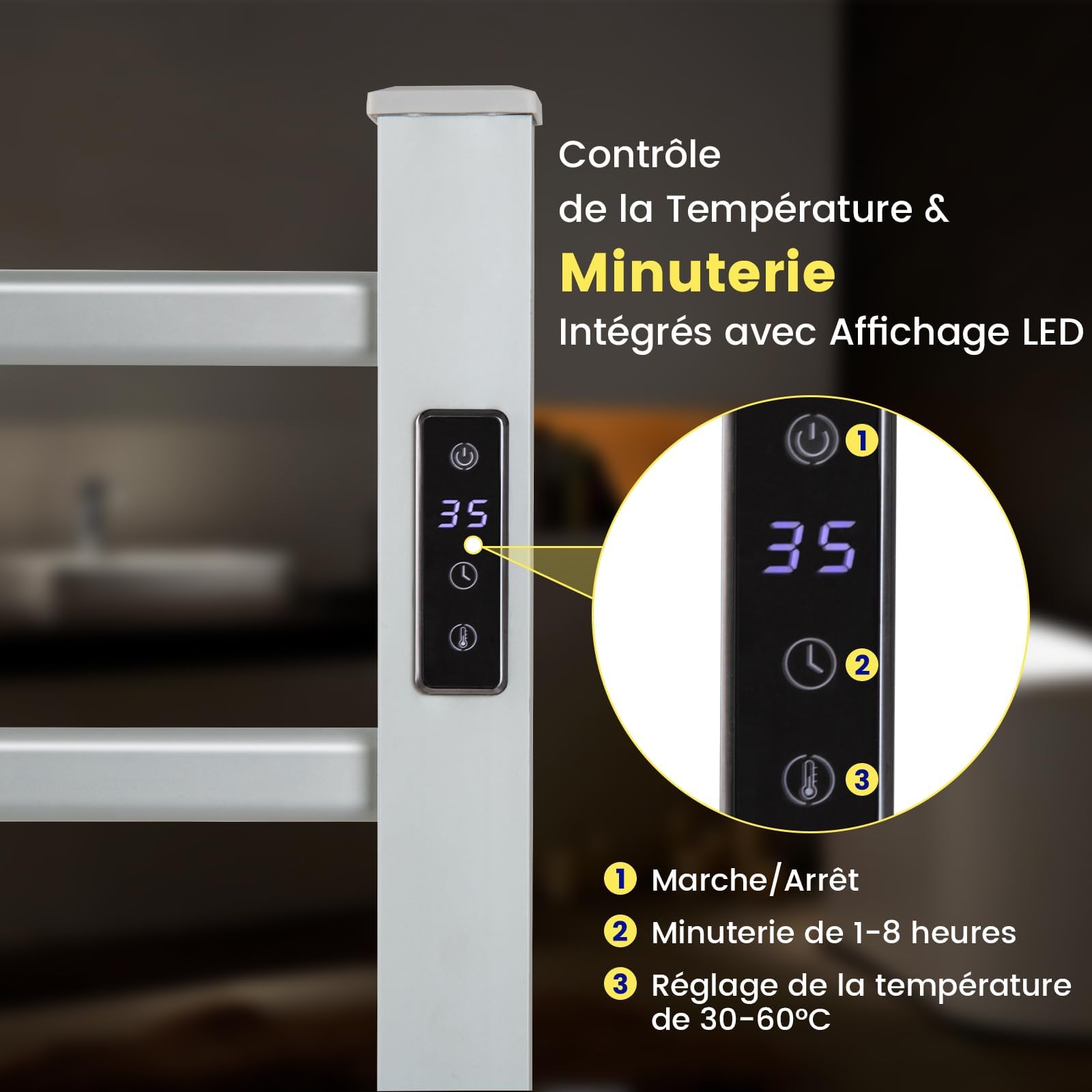 RELAX4LIFE Sèche-Serviettes Électrique 105W avec 6 Barres, Chauffage Porte-Serviettes 30℃-60℃ Mural/sur Pieds, Radiateur Électrique pour Serviettes en Aluminium avec Minuterie Protection Surchauffe