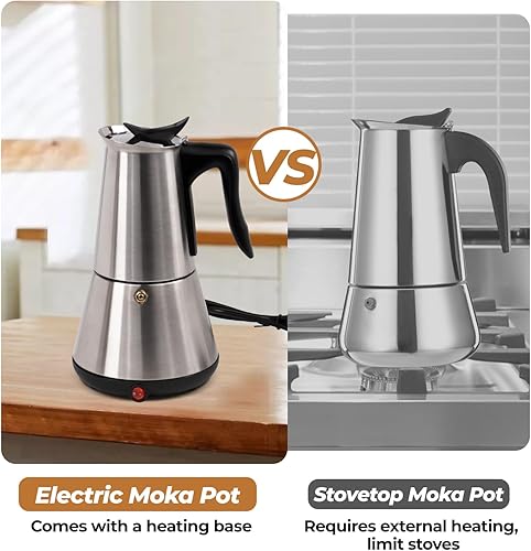 Miniatura 5 de Olla eléctrica de acero inoxidable para 6 tazas, 10.1 fl oz, cafetera espresso con base desmontable, cafetera ideal para el hogar, cafetera italiana