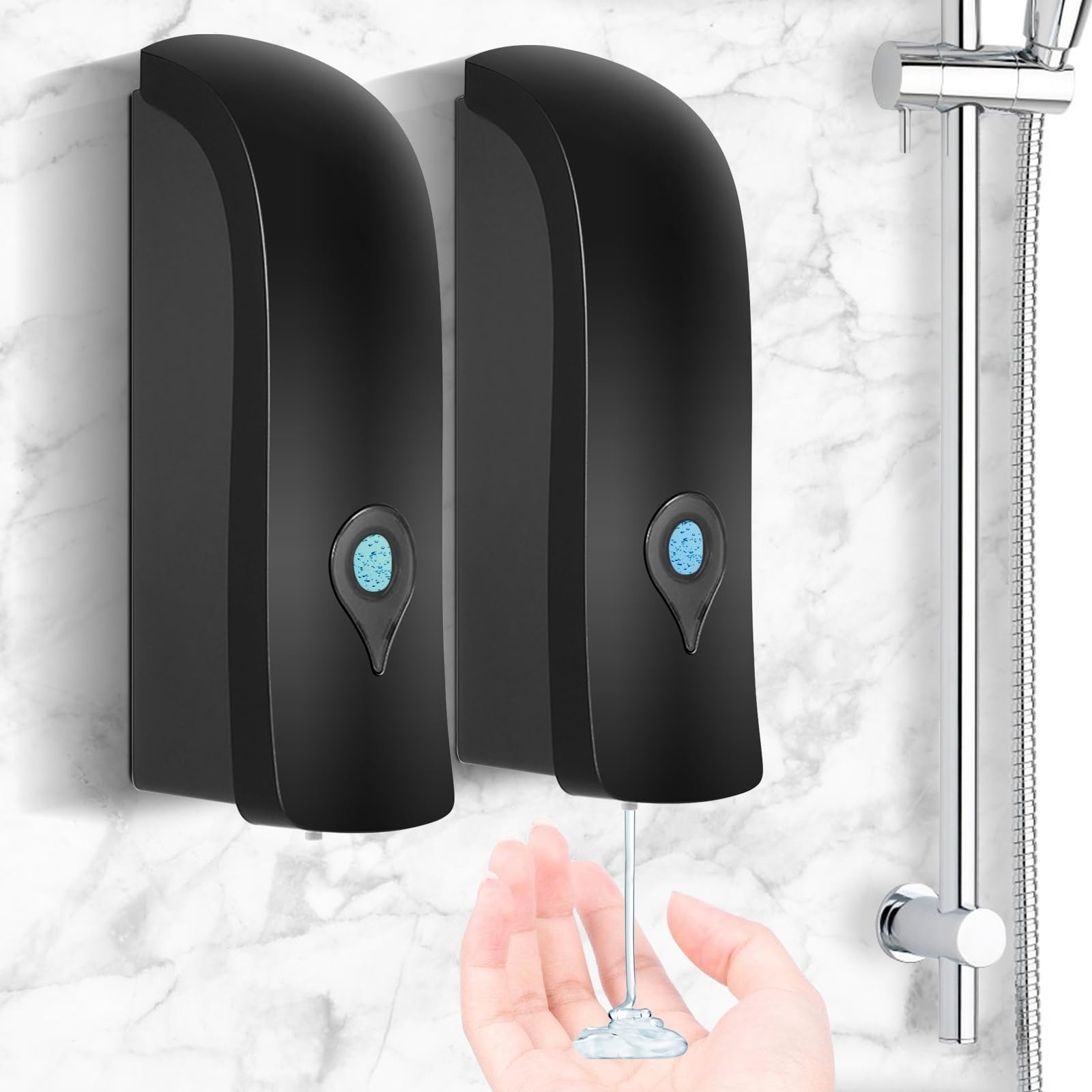 2 x 300 ml Wall Soap Dispenser, Bathroom Soap Dispenser, Shower Gel and Shampoo Dispenser, for Bathroom, Kitchen, Hotel, Office, No Drilling or with Screws – Black