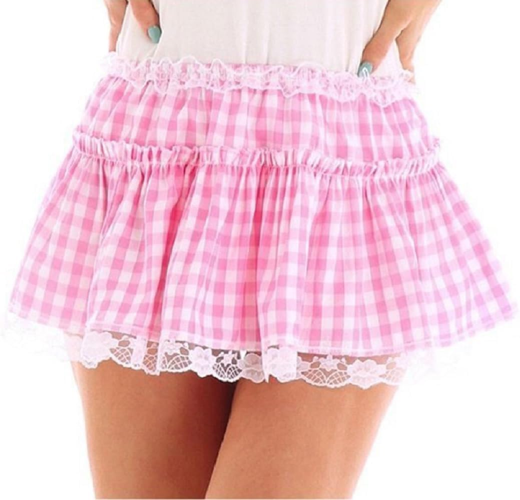 Women Men Plaid Pleated Mini Skirt Y2k Lace Ruffle Aline Skirt Schoolgirl Gingham Halloween Costume Sissy Skirt