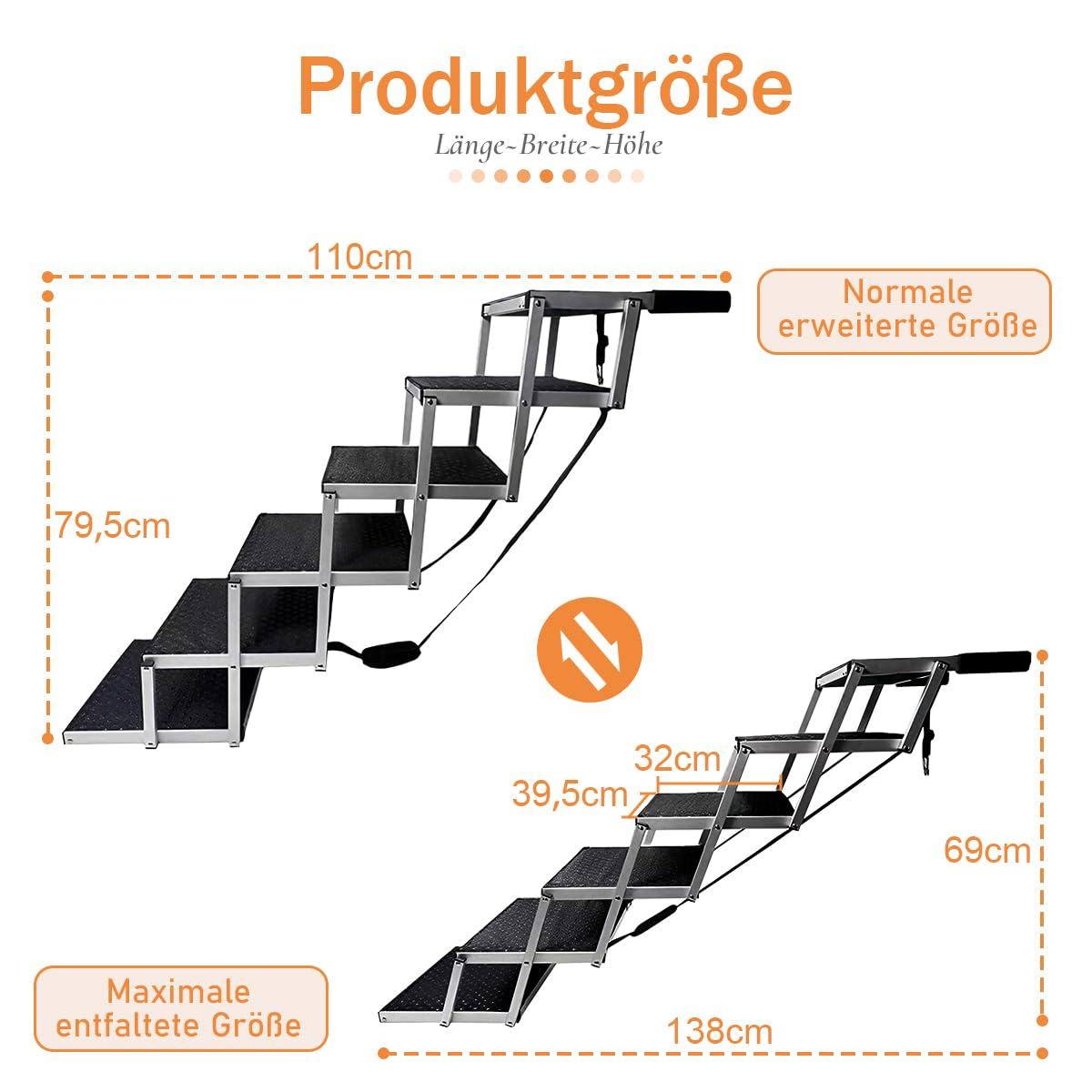 Escalier pour chien, voiture, 6 marches, pliable, jusqu'à 85 kg, pour grands chiens et animaux âgés, échelle pour chien en aluminium, 80 cm de haut, pour camions et SUV