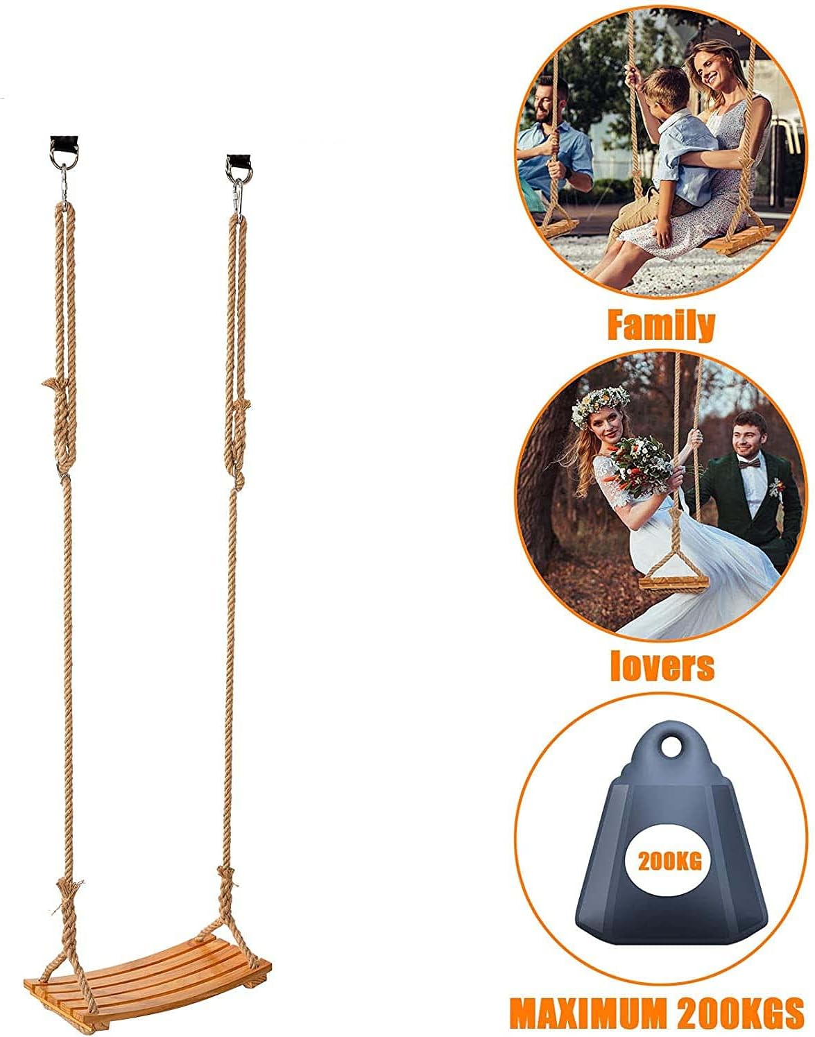 Wood Swing Seat, Wooden Tree Swing Set for Kids Adult with Adjustable Hemp Rope for Outdoor Indoor playscape 19 x 9.8 x 0.8 in,200 kg Max Weight