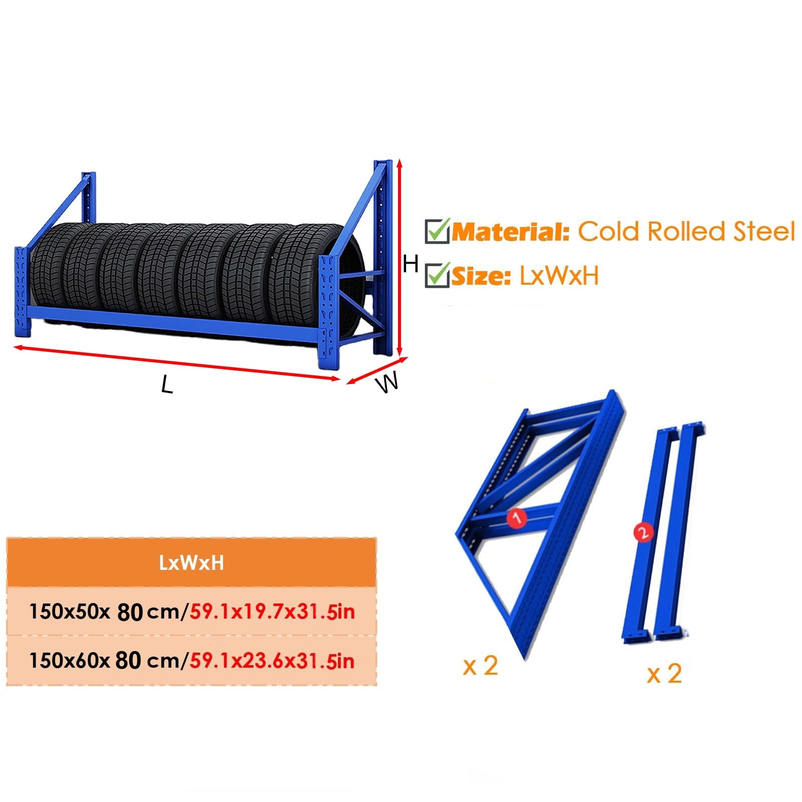 Supporto Per Pneumatici Da Garage A Parete In Acciaio Blu, Porta Pneumatici Di Scorta Resistente, Supporto In Metallo Per Pneumatici Per Cantina/Officina, Alto 80 Cm/31,5 Pollici, Resistente, 150X50X