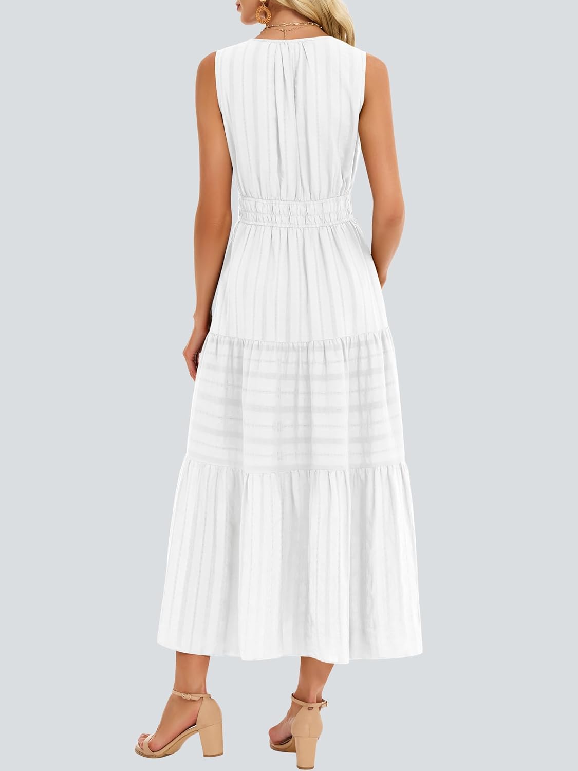 Funlingo Summer Maxi Dresses for Women Casual Sleeveless V Neck Elastic Waist Midi Wedding Guest Beach Dress with Pockets - Image 4