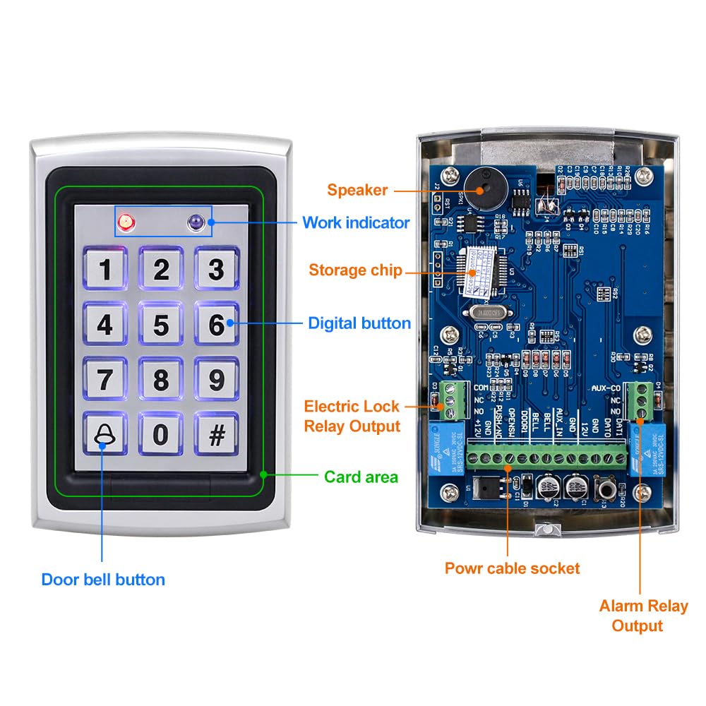 Controleur d'acces RFID en Métal Clavier Digicode, Système de Contrôle d'accès Extérieur, Couvercle étanche avec Porte-clés RFID 10pcs 125KHz