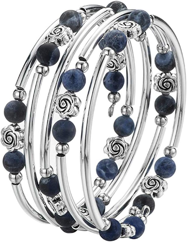 BULINLIN Wrap Bangle Rose Bead Bracelet - Beaded Bracelet with Natural Agate Stone Gifts For Women