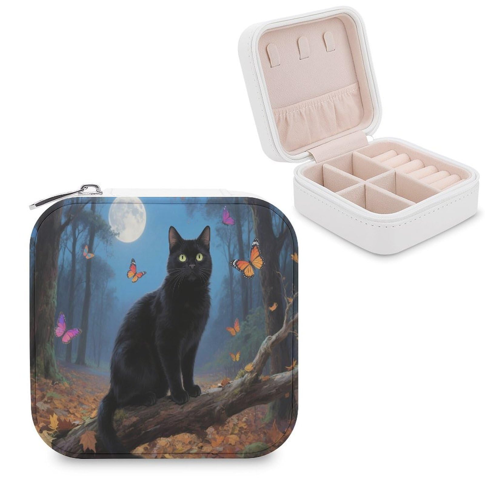 VstaDank Cat Tapestry Moon Butterfly Jewelry Box for Women Jewelry Organizer Storage Case with Zipper Mini Travel Jewelry Case Cute Trinket Organizer Leather Portable Jewelry Storage Box