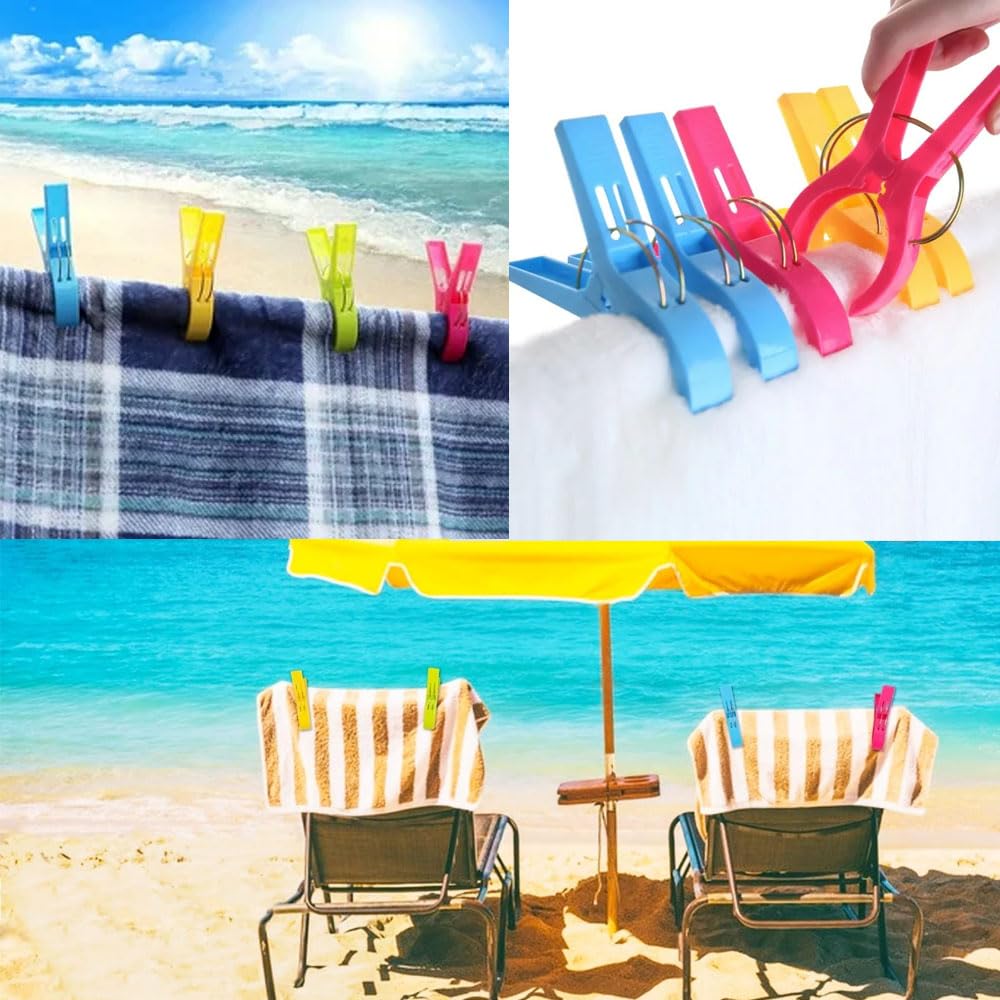 Pinces à Serviette de Plage XXL 8 pièces 4 Couleurs pour Chaises Longues et Transats