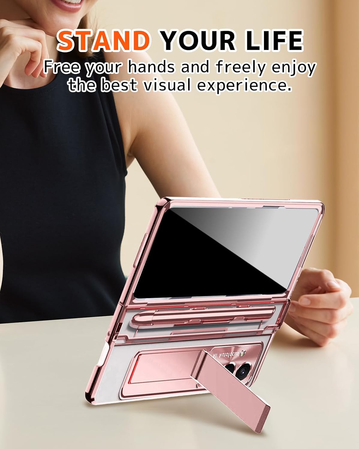 NINKI for Samsung Galaxy Z Fold 7 Case with S Pen Holder & Stylus and Privacy Screen Protector, Hidden Stand Flat Hinge Fold7 Phone Cover for Z Fold 7 Case with S Pen Slot Kickstand - Clear Rose Pink - Image 7