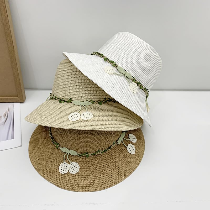 Sombrero de Paja de Verano para Mujer,de ala Ancha,Ligero,con Estampado de Cerezas,Plegable,Transpirable,para Playa,Actividades Al Aire Libre
