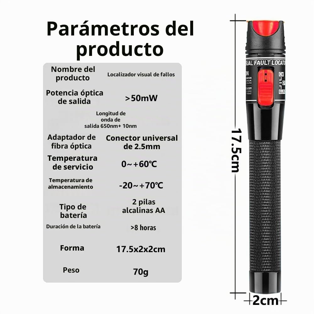 Localizador visual de fallas de 50mw, probador de fibra óptica VFL Probador de cable de fibra óptica con adaptador monomodo 9/125um FC macho a LC hembra