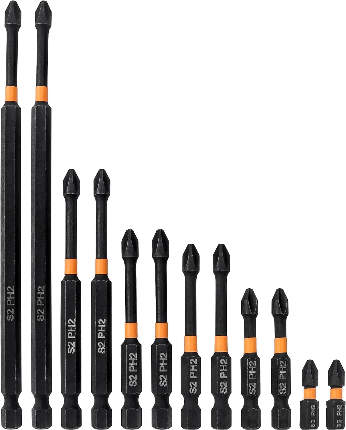 Phillips Impact Driver Bit Set, 12pcs 1/4 Inch Hex Shank Impact Tough Phillips PH2 Steel Magnetic Phillips Bit for Impact Driver Power Tool, Orange, 25-150mm