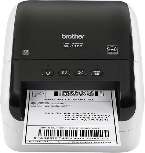 Brother QL-1100 Impresora térmica de etiquetas con cable de gran formato, color negro, conectividad USB, 4 pulgadas de ancho, 300 x 300 ppp, 69