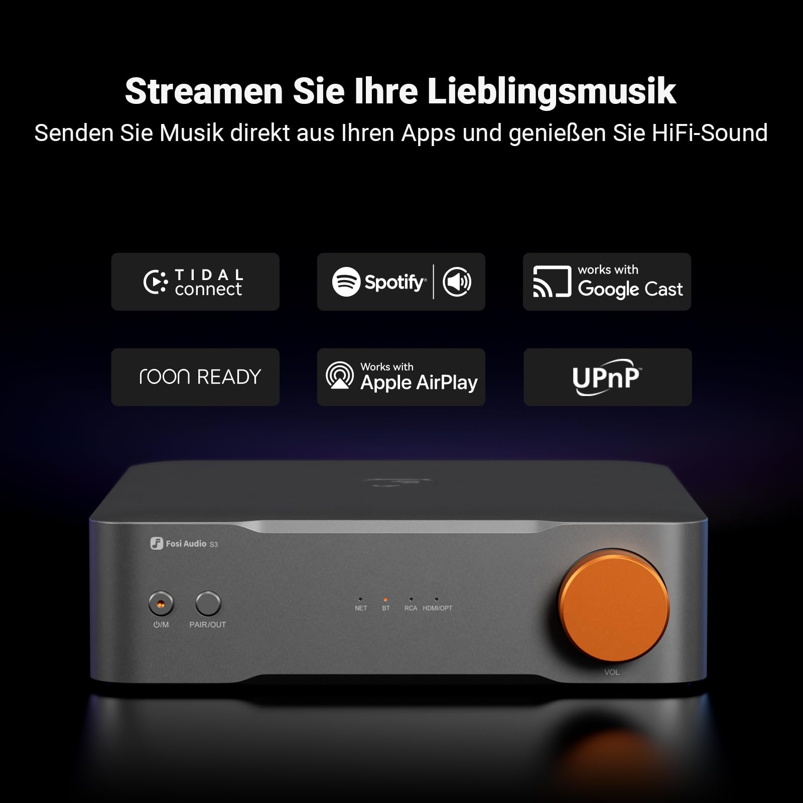 Fosi Audio S3 Hi-Fi-Musik-Streamer Digitaler-Vorverstärker, AK4493SEQ DAC, Wi-Fi 6, Bluetooth 5.3, mit XLR-Symmetrie/Optisch/Sub-Ausgang/HDMI eARC, AirPlay 2, Spotify Connect, Tidal, 5-Band-EQ