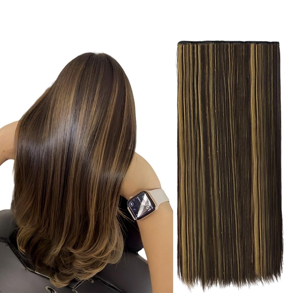 BLUSHIA Women's Clip Based Straight 5 Clip 24 inch With Golden Highlight Synthetic Hair Extension (Multicolor) 1Pcs-image-45
