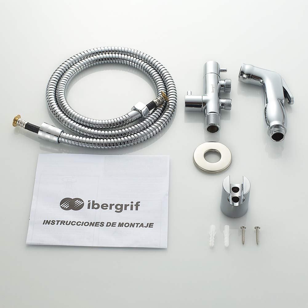 Ibergrif M22005 - Valvola da Angolo a Due Uscite con Doccetta, Supporto e Flessibile per WC, Rubinetto Arresto, Cromo
