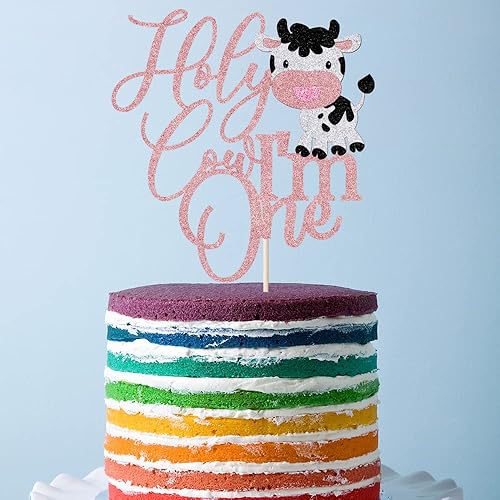 Miniatura 4 de Decoración para tartas, tema de vaca de primer cumpleaños, decoración de papel hecha a mano, 6.2 x 6.8 pulgadas, oro rosa, para niños y niñas,