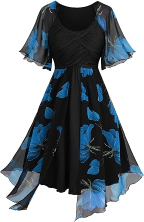 ROSE GAL Women Plus Size Flower Print Chiffon Panel Knee Length Flowy Dress with Pockets