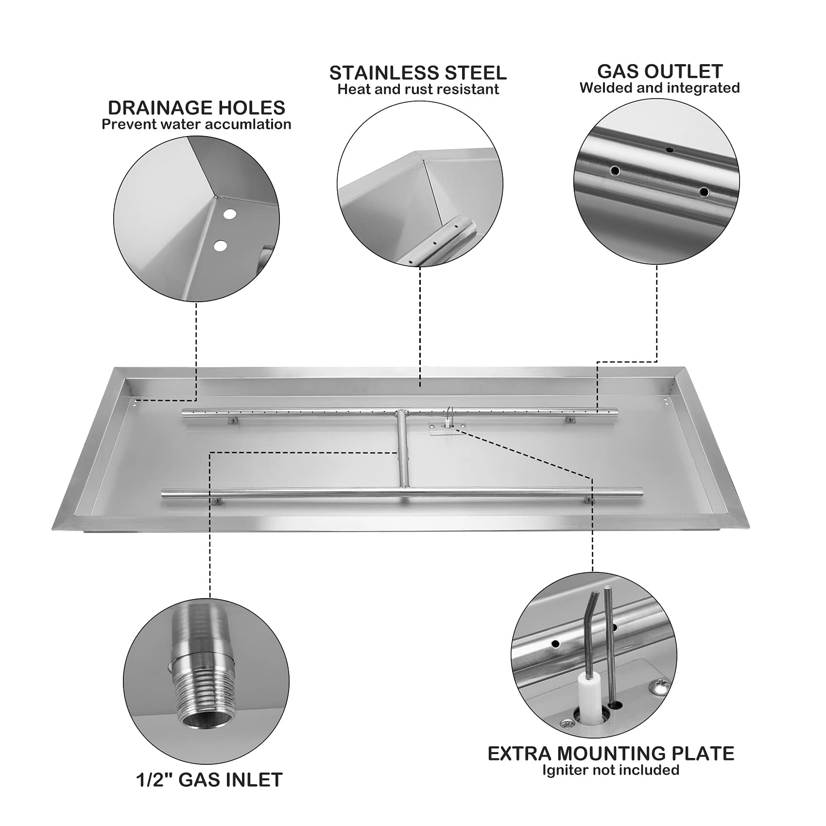 Kit braciere a gas, rettangolare, con accessori completi, uscita 150.000 BTU per patio esterno e cortile