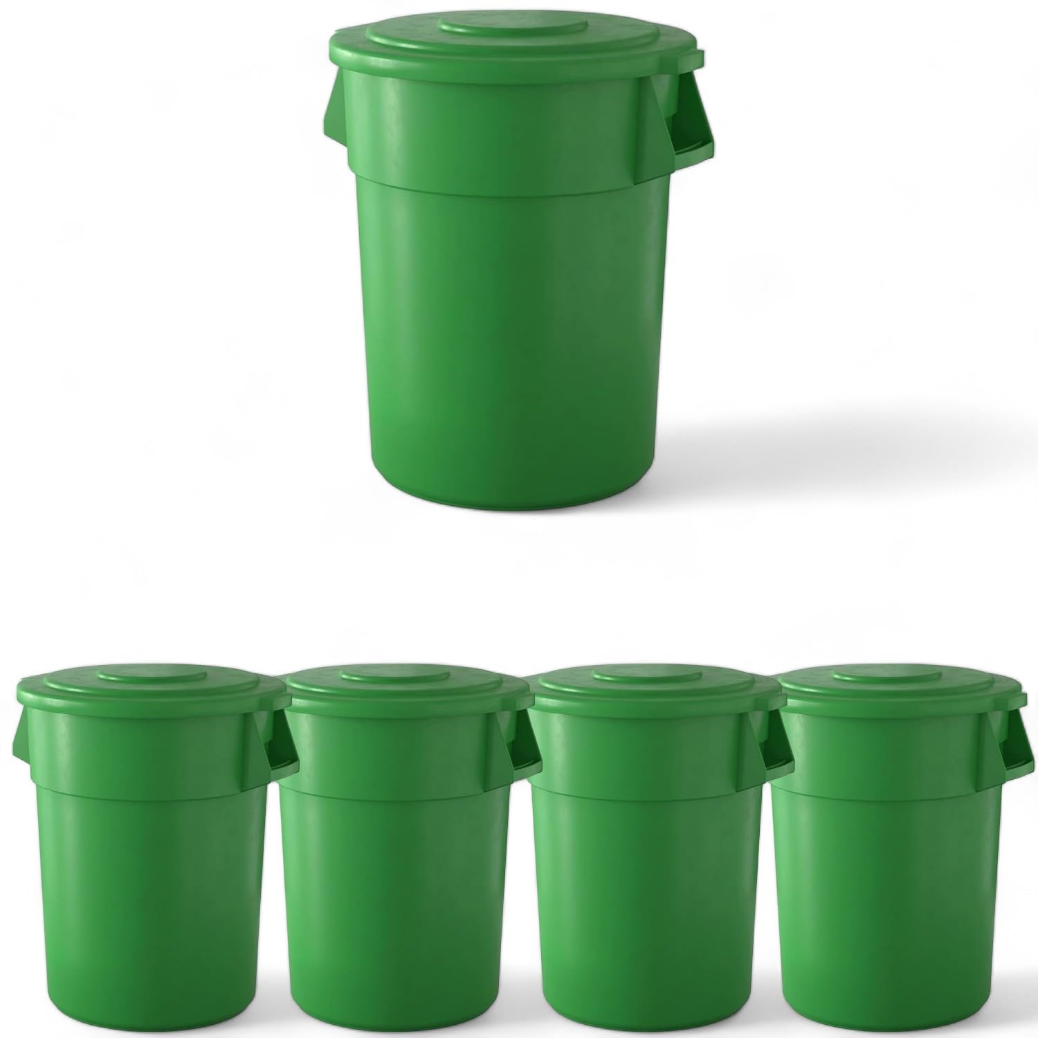 5 Pack! 55 Gallon Round Trash Can with Lid, 200 Liter Commercial Trash Can, Trash Bin for Kitchen, Garbage Can Waste Basket Bin, Durable Waste Container, Heavy-Duty Janitorial Can (Green)