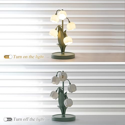 Miniatura 5 de DJAMEL Lámpara de mesa verde con flores y flores, 5 luces, forma floral, hoja de metal con pantalla de vidrio blanco esmerilado, mesita de noche,