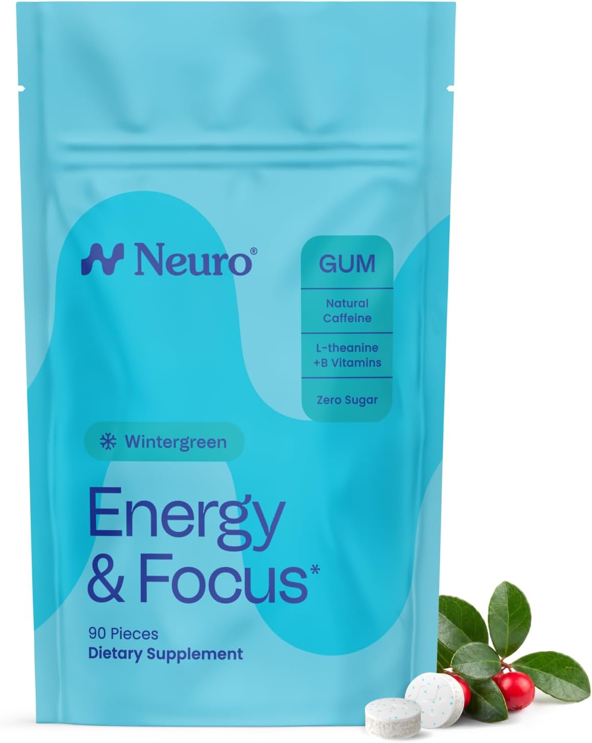 Energy & Focus Gum - Natural Caffeine Gum 40mg & Nootropic Energy Supplement with L-Theanine and B Complex Vitamins - Sugar Free, Vegan - Wintergreen, 90 Count